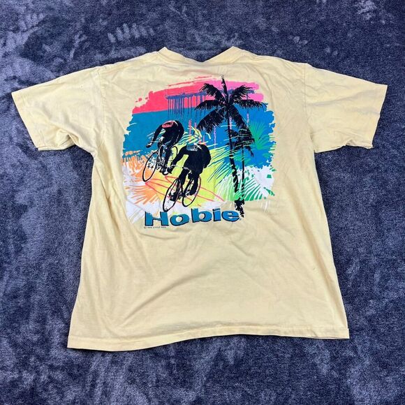 Vtg Hobie 1989 Single Stitch T-Shirt Cycling Surf Men's XL Made In USA Yellow - Picture 1 of 16